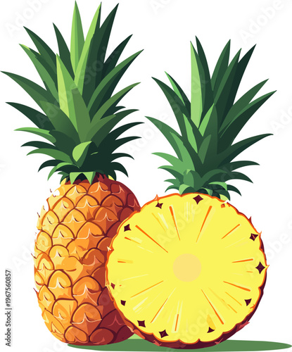  Piña entera y cortada mostrando interior amarillo y textura tropical.
