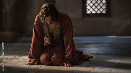 David kneels in a palace chamber with loosened robes, face bowed in repentance as soft morning light reveals solitude, humility, and a contrite heart.
