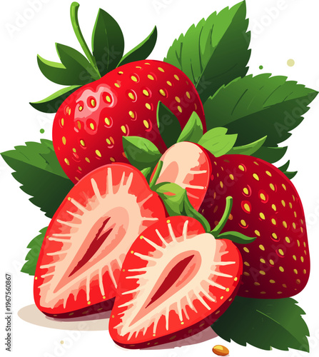  Fresas maduras con hojas verdes y mitades mostrando textura jugosa.
