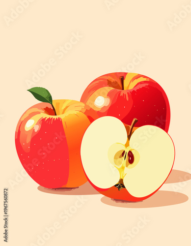  Manzanas rojas con una mitad cortada mostrando semillas y pulpa clara.
