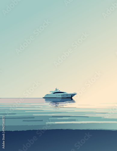  Yate moderno flotando en agua tranquila con tonos suaves.
