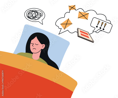 Young girl already sleeping, but all her thoughts about work. Doodle vector illustration. Overwork, and work-life balance content
