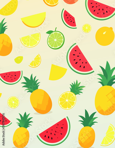  Patrón repetido con frutas tropicales como sandía, piña y cítricos en colores vivos.
