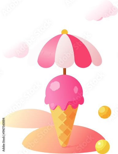  Helado en cono con sombrilla decorativa en estilo colorido y divertido.
