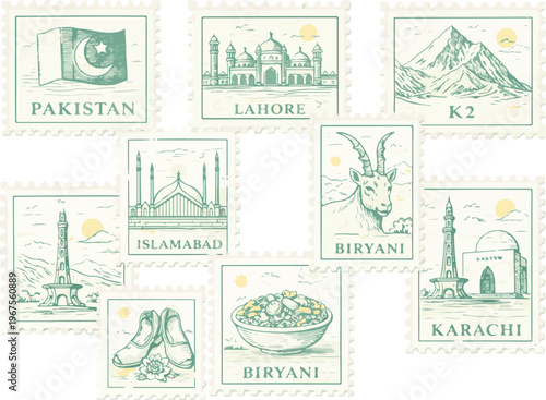 Vintage Pakistan travel postage stamps collection, hand drawn cultural landmarks and heritage icons vector, retro green postal stickers featuring Lahore Karachi and Islamabad