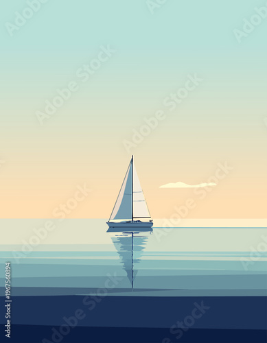  Velero navegando en mar tranquilo con reflejo suave y cielo claro.
