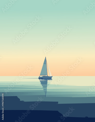  Velero navegando en mar tranquilo con cielo cálido y reflejo suave.
