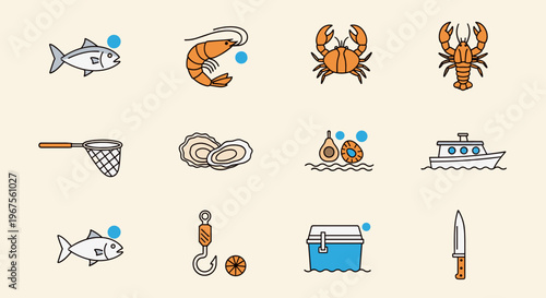 Colorful Seafood and Fishing Related Line Icons Collection on a Light Background