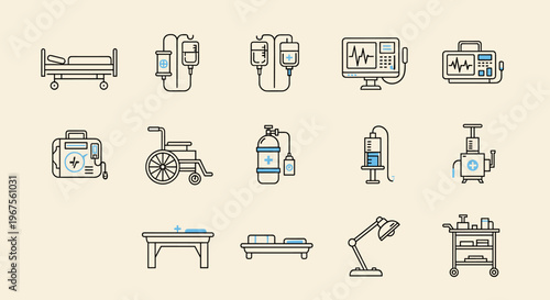 Medical Equipment and Hospital Care Line Icons Set: Healthcare Clinic and Emergency