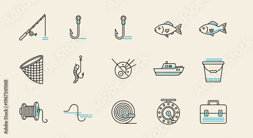 Minimalist Fishing and Angling Icons Set Vector Illustration on Beige Background
