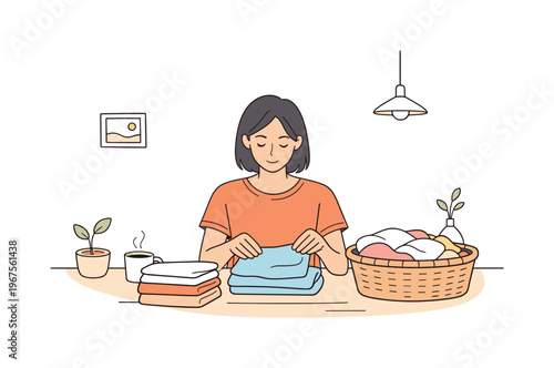 Woman enjoying slow laundry folding moment at table, careful movements and gentle focus emphasizing mindfulness, minimalist flat