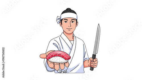 Sushi Day Chef Preparing Tuna Nigiri with Big Knife Illustration