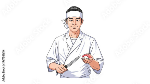 Sushi Day Chef Preparing Tuna Nigiri with Small Knife Illustration