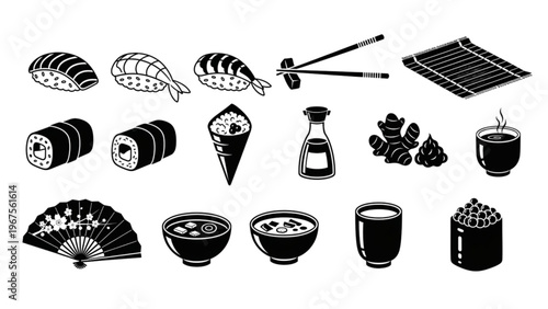 Sushi Day Japanese Cuisine Icon Set – Salmon Nigiri, Ebi Nigiri, Temaki, Uramaki, Chopsticks, Miso Soup, Tea Cup, Soy Sauce Vector