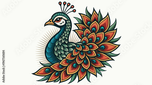 A vibrant peacock with colorful feathers and a stunning tail is displayed in a traditional tattoo style illustration.