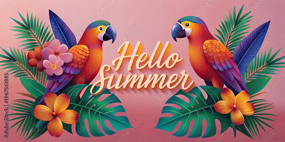 Obraz premium tropical Hello Summer illustration featuring two colorful parrots perched on leafy branches.