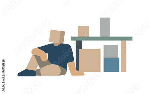 Individual resting beside a calmly ordered structural system in open space, presenting work structure understanding as a stable