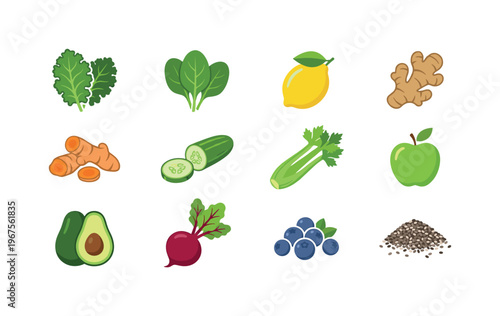 Healthy ingredients for detox smoothies and juices, illustrated collection