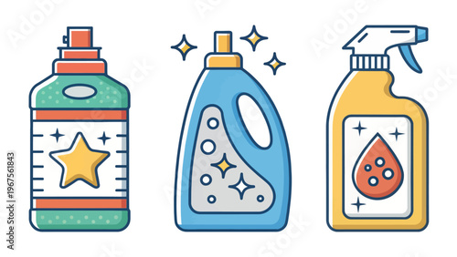 A colorful illustration of three cleaning product bottles on a white background