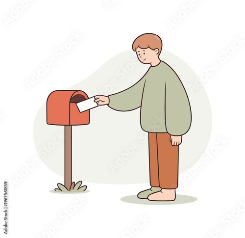 Quiet person sends a letter by sliding an envelope into a mailbox, standing still for a moment before letting go calmly | scene