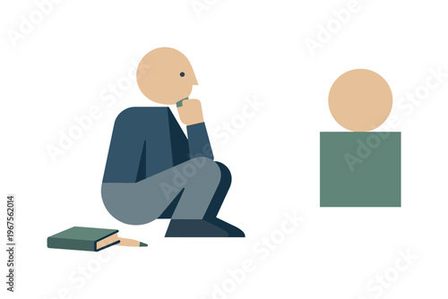 Individual pausing as two shapes align unexpectedly, recognizing emerging coherence within personal understanding. Stylized