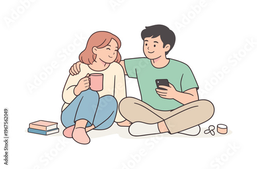 Two friends enjoying shared time together in relaxed posture, seated comfortably with minimal props emphasizing simplicity and