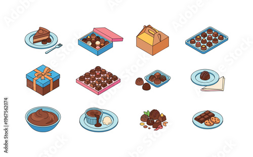 Assortment of delicious chocolate treats and desserts in isometric style