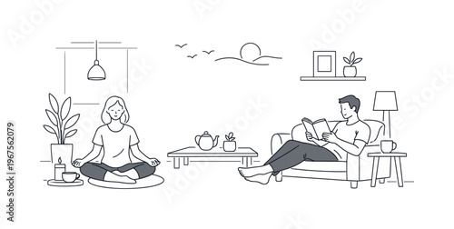 Tranquil Home Lifestyle. Couple unwinding into calm lifestyle rhythm at home, balanced composition with open space and gentle