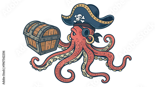 A cartoon octopus wearing a pirate hat and eye patch stands next to a treasure chest
