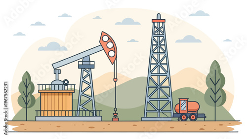 An illustration of an oil rig and pumpjack in a natural landscape with hills and trees