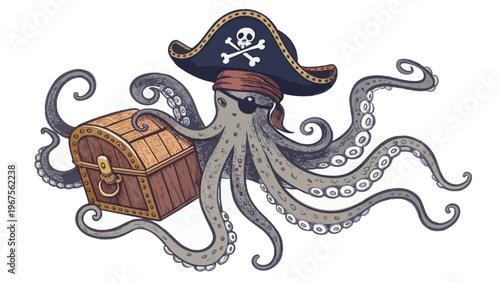 A cartoon octopus wearing a pirate hat and holding a treasure chest