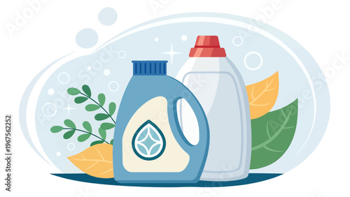 An illustration of eco-friendly laundry detergent bottles with leaves and bubbles