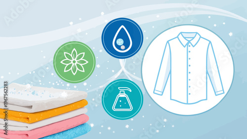 A colorful stack of clean laundry with icons representing freshness and stain removal