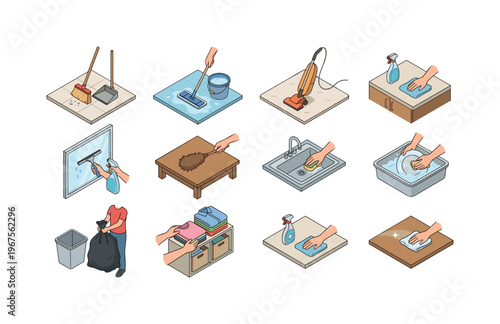 Collection of isometric illustrations depicting various household cleaning tasks and chores