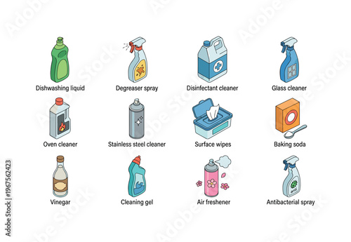Collection of common household cleaning supplies and products for a spotless home
