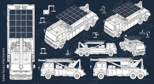 Solar Tow Truck AutoCAD Blueprint Vector – Roadside Assistance Vehicle Multi View Technical Drawing White Outline on Dark Blue