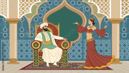 A cartoon illustration of a sultan sitting on a throne watching a belly dancer perform in an ornate palace.
