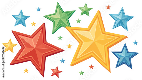 A colorful illustration of various sized stars in different colors on a white background