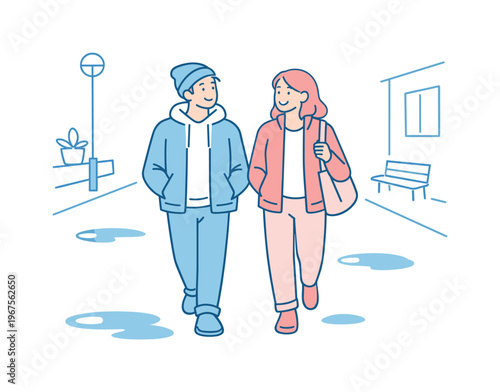 Friends walking after rain along quiet street, two people strolling side by side with relaxed smiles and light puddles suggested