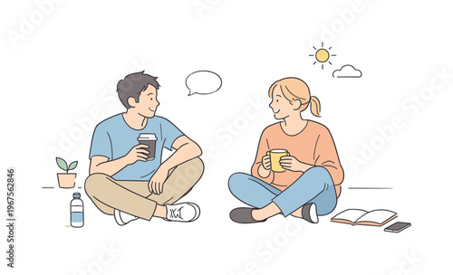 Friends taking short break during day, seated comfortably with gentle conversation and easy body language suggesting pause and