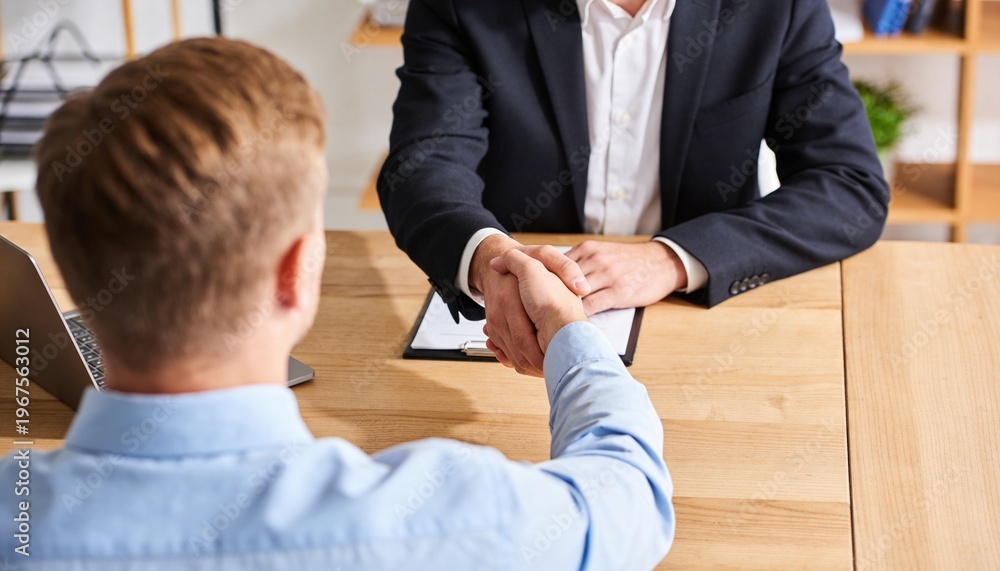 Fototapeta premium Professional handshake over signed contract, business partnership and deal agreement concept, pen on desk, bright modern office environment