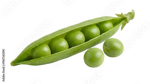 Foto Fresh green pea pod with five round peas inside, isolated on transparent backgro