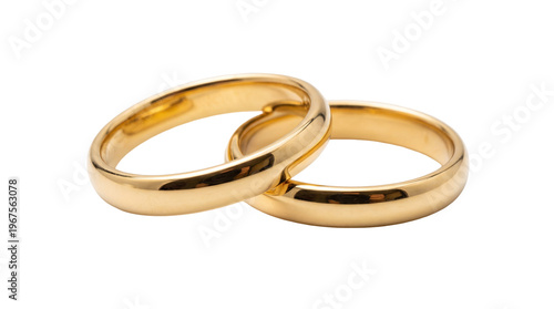 Two polished gold wedding rings intertwined, isolated on transparent background