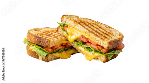 Canvas Print Grilled cheese sandwiches with lettuce and tomato oozing melted cheese, isolated