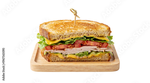 Toasted club sandwich with turkey cheese lettuce and tomato, isolated on transparent background