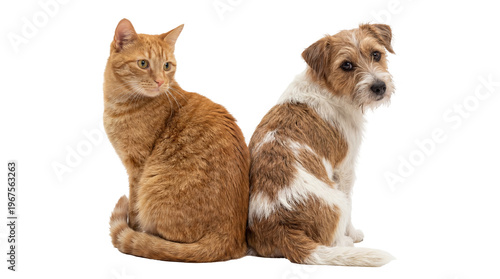 Foto Orange tabby cat and Jack Russell terrier dog sitting back to back, isolated on