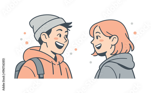 Amused Friends' Walk. Friends smiling funny situation during a casual walk pause, turning toward each other with amused