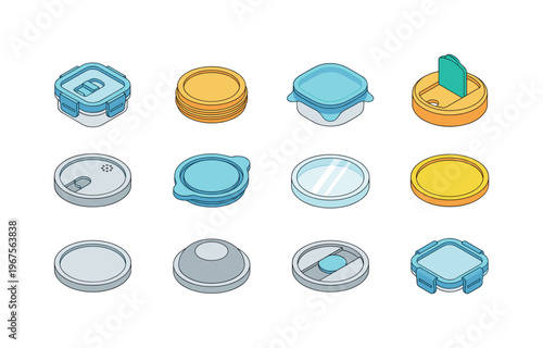 Collection of diverse container lids and caps in isometric view
