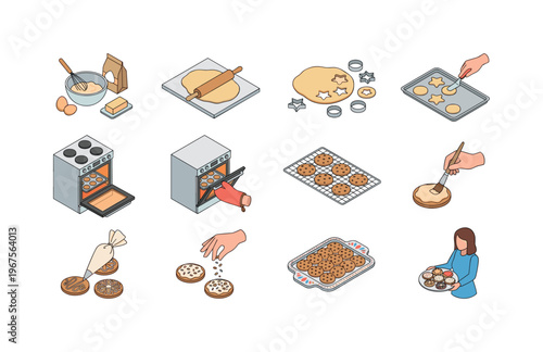 Step-by-step illustration of homemade cookie baking process from ingredients to decoration