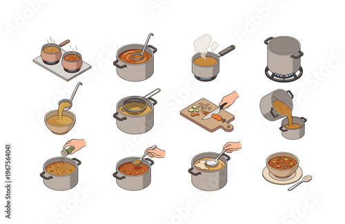 Step-by-step illustration of preparing and serving a hearty soup dish